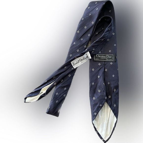 Vintage Christian Dior Silk Tie Navy Blue Print - Picture 3 of 7